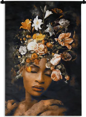 Produktbild von MuchoWow® Wandteppich Wandbehang Blumen - Frau - Gold 120x180 cm Tapisserie Dekoration Wandtuch - Schlafzimmer - Dekorationen für das Haus