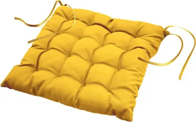 A yellow tufted seat cushion with ties, isolated on a white background.