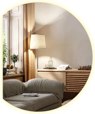 A living room scene with a sofa, a lamp, and a cabinet, reflected in a large, illuminated mirror.