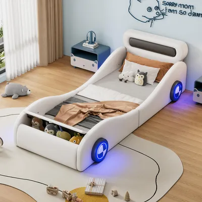 Produktbild von Sweiko Polsterbett, 90x200cm Einzelbett, Kinderbett, Jugendbett, Polsterbett in Form eines Autos mit leuchtenden Rädern und Stauraum, PU, Ohne Matratze, Weiß