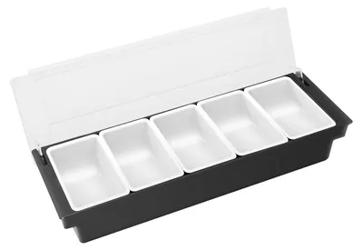 Immagine prodotto di Portaspezie - Organizer a 5 scomparti - ABS per uso alimentare - Dimensioni 50x15x10 cm - Per frutta, verdura, spezie, frutta secca, dolciumi - Nero