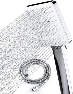 Produktbild von Quadratischer Duschkopf Sprinkler, sechs einstellbare Modi, Handduschkopf, Edelstahlschlauch silber