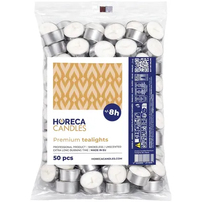 Immagine prodotto di Horeca Candles tea lights 50 pezzi bianchi - 8h di autonomia - senza profumo - cera di paraffina - decorazione di matrimoni, feste e celebrazioni