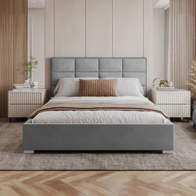Produktbild von FDM Bett APOLLO Paris 120x200 cm Polsterbett mit Lattenrost aus Metall Bettkasten Stauraumbett Samt light grey