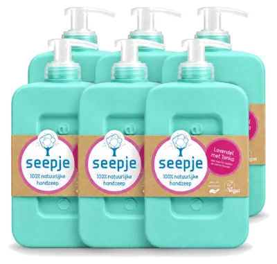 Imagen del producto de 6 unidades de jabón líquido para manos Seepje, aroma lavanda y tonka, 300 ml cada uno. Paquete económico