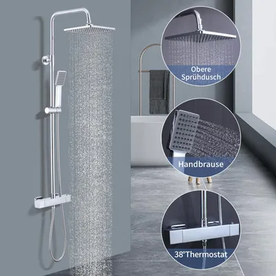 Obrázek produktu pro Homelody sprchový systém s termostatem 38 °C čtvercový sprchový sloup sprchová armatura chrom dešťová sprcha sprchový set včetně nastavitelné sprchové lišty, nerezová ocel