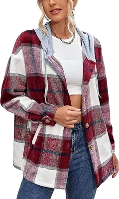Produktbild von ASKSA Damen Karierte Kapuzen Warm Hemdjacke mit Kapuze Langarm Knöpfen Mantel Jacken, Weinrot, L