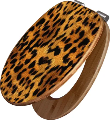 A toilet seat with a leopard print design and a bamboo base.