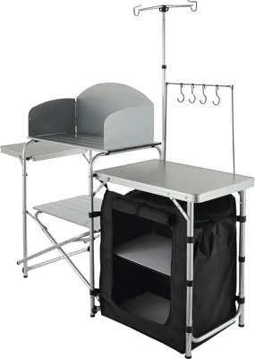 Produktbild von SucceBuy Camping-Küchentisch, zusammenklappbarer tragbarer Kochtisch mit 1 Schrank, Windschutzscheibe und verstellbarem Lampenständer, Grillstation für den Außenbereich mit MDF-Arbeitsplatte