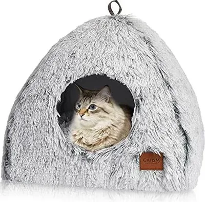 Produktbild von Katzenhöhle Katzenbett Katzenhaus Kuschelhöhle 40x40cm CATISM faltbar waschbar bequemer Katzenschlafplatz für Katzen Kätzchen Welpen mit abnehmbarem Katzenkopfkissen Grau