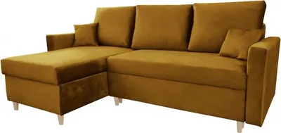 Produktbild von Ecksofa MON, Eckcouch in L-Form mit Schlaffunktion und Bettkasten, Farbe: Gelb, Veloursstoff, Ottomane Links oder Rechts