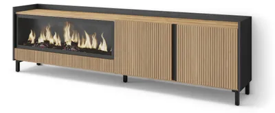 Produktbild von TV-Schrank, Lowboard, 212x35x61cm, Für TV-Geräte bis zu 80", Elektrokamin XXL, Industriedesign, Eiche Schwarz