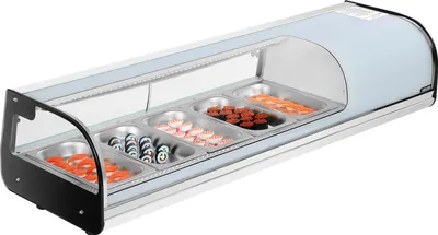 Immagine prodotto di VEVOR Vetrina refrigerata per sushi 52 L vetrina commerciale vetrina refrigerata (5 teglie) con vetro curvo & illuminazione LED & controllo digitale della temperatura, frigorifero per negozio ristorante da banco