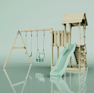 Produktbild von OutdoorToys Spielturm mit Wellenrutsche und 2x Kinder-Schaukel, Outdoor Klettergerüst Garten mit Plattform, Ausführung: Babyschaukel, Farbe: Mintgrün, mit Babyschaukel