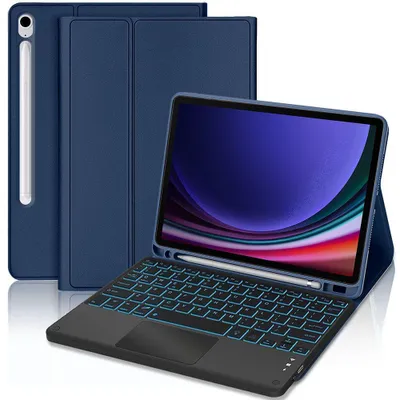 Image de Coque Clavier pour Samsung Galaxy Tab S9, Synthécuir Bleu Marine avec Clavier Rétroéclairé Bluetooth