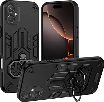 Produktbild von Hülle für Samsung Galaxy A06 Dual Layer PC TPU Militärqualität Stoßfest Rüstung Handyhülle mit Ring Metall Ständer Schwarz