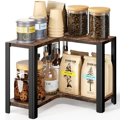 Produktbild von Eckregal für Kaffeeecke und Arbeitsplatte – kleiner Organizer für Küche und Kaffeeecke, platzsparendes Eckregal aus Holz und Metall, 2 Ebenen, Vintage-Braun