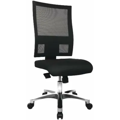 A black office chair with a mesh back and silver base is shown against a white background.