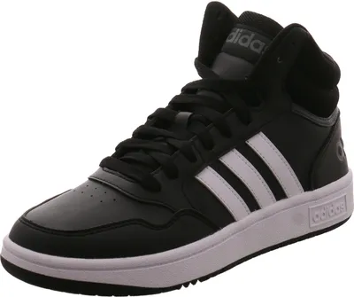 A black Adidas high-top sneaker with white stripes and a white sole, isolated on a white background.