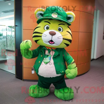 Produktbild von Maskottchencharakter REDBROKOLY eines grünen Tigers mit Minirock und Hut