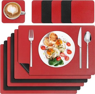 Immagine prodotto di Tovagliette resistenti al calore e lavabili, set da 6 pezzi, nero, in pelle, antiscivolo