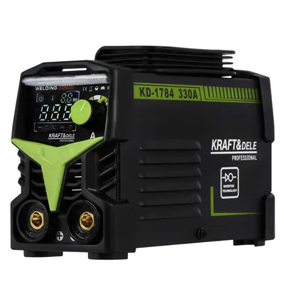 A black and green inverter welding machine is shown against a white background.