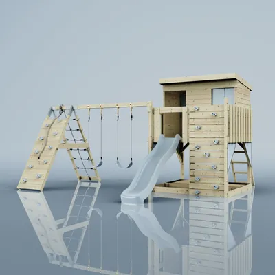 Produktbild von OutdoorToys Spielturm Aksel aus Holz in Blau Eisblau, mit Kinderschaukel