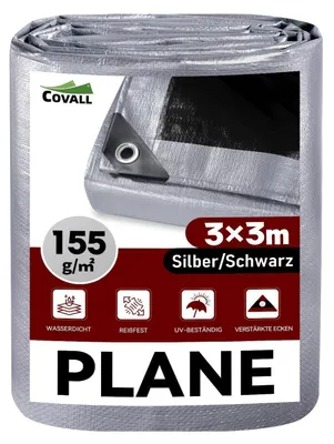 Productafbeelding van Afdekzeil met oogjes, 3x3 meter, 155 g/m², zilver/zwart, waterdicht, scheurbestendig, UV-gestabiliseerd