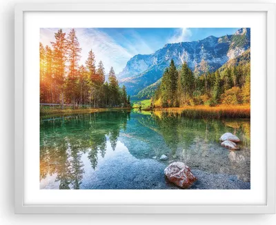 Produktbild von Gerahmtes Poster - Weißer Rahmen - Landschaft Berge Morgendämmerung - 50x40 cm - Wand Bild - Wanddeko - Wandbilder - Kunstposter - Wandposter - Bilderrahmen - Bilder - Kunstdruck - P2WAA50x40-4456