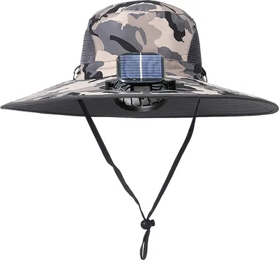 Produktbild von Sonnenhut mit solarbetriebenen Doppelventilatoren, breitkrempiger Outdoor-Angelhut mit USB-Aufladung, atmungsaktiver Fischerhut aus Netzstoff