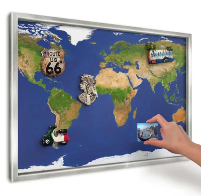 Produktbild von Magnettafel 60x40 cm in einem silbernen Rahmen - Magnetische Metalltafel, Magnetpinnwand zur Wandmontage für Wohnzimmer, Küche, Flur, Kinderzimmer und Büro - Kartierung der Welt