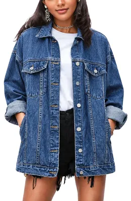 Produktbild von Omoone Damen Oversized Jeansjacke Button Down Baumwolle Mid Long Biker Mantel mi