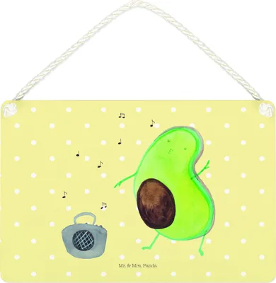 Produktbild von Mr. & Mrs. Panda holzbild Avocado Tanzen DIN A4 - Gelb Pastell - Geschenk, Wandbild Holz, Party, Musik, wandtafel, Deko, Schild, Türschild, Singen, Fröhlich