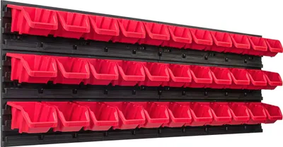 Obrázok produktu pre Skladovací systém dielenský regál | 115 x 39 cm | 33 ks. Box | Nástenný regál s stohovateľnými boxmi - Nástenné dosky Extra silný regál s otvormi na náradie Skladový regál Garážový regál