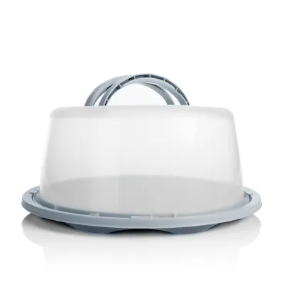 Produktbild von BigDean Kuchen Transportbox Rund in Pastell Grau – mit Doppel Tragegriff für sicheren Transport von Torten, Kuchen & Muffins – Kuchenhaube