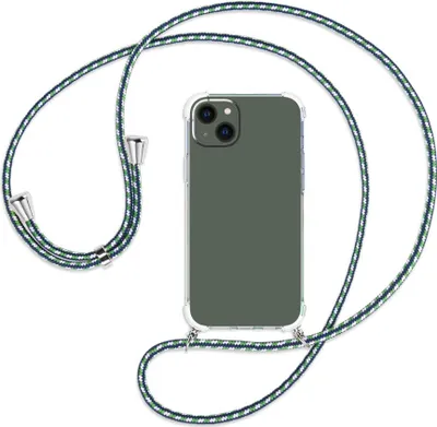 Produktbild von Handykette Backcover-Schutzhülle mit Band (Metall silberfarben) für Apple iPhone 14 Plus (6.7'') - grün/blau/weiß