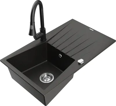 Produktbild von Mexen Cesar 1 Becken-Granitspüle mit Abtropffläche und Mischbatterie Elia, Schwarz/Gold metallisch - 6514-75-670101-70