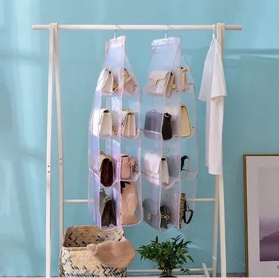 Produktbild von Unyqoos® Handtaschen-Organizer, hängend, 6- oder 8-Fächer, Oxford-Gewebe, transparente Sichtfenster, rostfreier Haken, waschbar, 34×32×124/160 cm