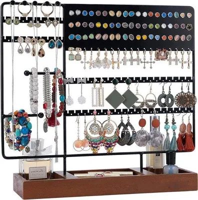 Productafbeelding van Famanu Schmuckhalter - Oorbellenstandaard en kettinghouder - Houten sieradenopberger voor armbanden en horloges - zwart