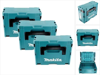 A collage of images showing multiple teal Makita MAKPAC 2 tool cases, some stacked and some individually displayed, including an open view of one case.
