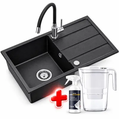 Produktbild von Granitspüle mit Armatur Küchenspüle schwarz spülbecken 77x44 Einbauspüle Zubehör - Hochdruck Flex-armatur