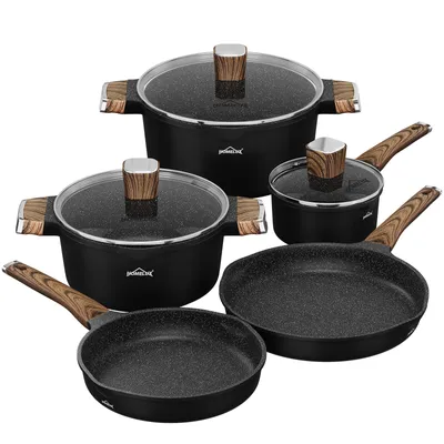 Produktbild von 8-TLG Topfset Induktion mit Antihaftbeschichtung,Pfanne 24/28cm,Milchtopf 16cm,Kochtopf 24/28cm, für alle Herdarten,Holzmaserung