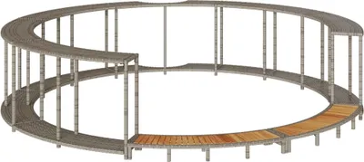 A circular outdoor furniture piece, likely a hot tub surround, made of grey poly rattan and wooden slats.
