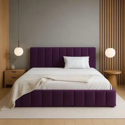 A bedroom scene with a purple upholstered bed as the main focus.