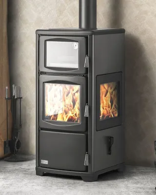 Produktbild von Kaminofen mit Backfach Herdplatte Panoramakamin Dreiseitig Glas Teba TKS 19 Holzofen 12 kW Kamin Ofen Holz Holzherd Kochplatte Küchenofen