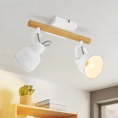 Zdjęcie produktu dla ZMH Reflektor sufitowy 2 płomienny biały Lampa sufitowa Vintage Obrotowa 350° MAX.25W Gniazdo E14 Industrialne ziarno drewna Belka punktowa do salonu Sypialnia Biuro (bez żarówki)