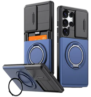 Produktbild von Handyhülle mit Kartenfach für Samsung Galaxy S25 Ultra, Schiebe Kameraschutz, Ringhalter Ständer, Stoßfeste Schutzhülle Blau