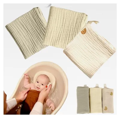 Produktbild von 3er Set Baby Musselin Tücher, 100% Baumwolle, Weiche Spucktücher für Babys, Atmungsaktiv und Saugfähig, Handtücher für Neugeborene, Zum Füttern, Wischen und Waschen (26×25cm)
