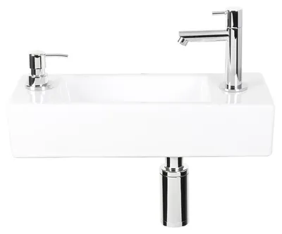 Produktbild von Differnz Sapon Handwaschbecken-Set - Aus Keramik - Inklusive Seifenspender - Mit Warm-/Kaltwasserhahn - Kompaktes rechteckiges Waschbecken - Maße 42 x 18,5 x 9 cm - Farbe Weiß