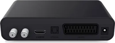 The back panel of a black satellite receiver is shown against a white background.